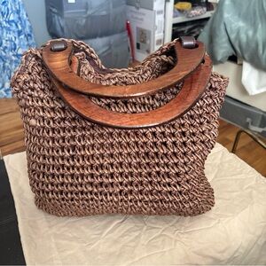 Brown Woven Handbag with Wooden Handles
